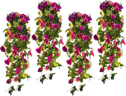 RECUTMS Artificial Hanging Rose Flower Plants Outdoor with 30 LED Fairy String Lights Fake Flowers for House Garden Patio Front Porch Indoor Decor (Purple)