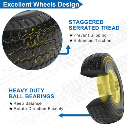 4.10/3.50-4" Flat Free Tires, 10 Inch Solid Tires and Wheels Replacement with 5/8" Axle Bore Hole, 2.2" Offset Hub for Hand Truck, Garden Cart, Lawn Cart, Wheelbarrow, 2 Pack