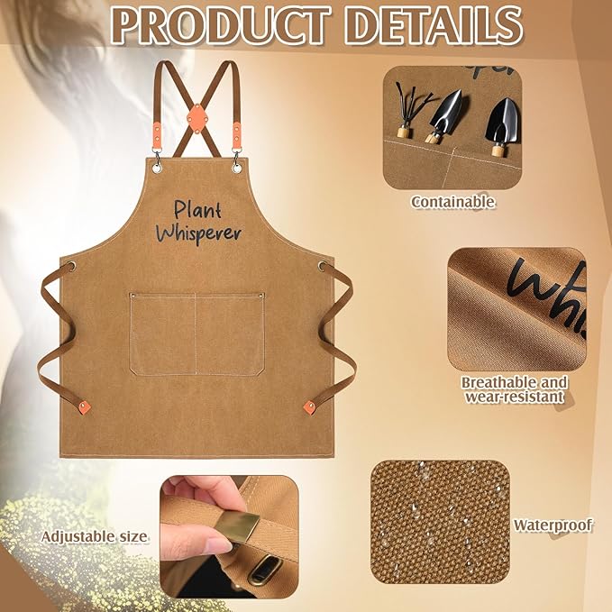 Tarpop Garden Tool Set Plant Whisperer Gardening Gifts for Women, 7 Piece Vegetable Planting Tool Kit with Cap Canvas Apron Gloves Soil Scoop Transplant Trowel Cultivator Flower Tub (Brown)
