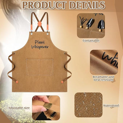Tarpop Garden Tool Set Plant Whisperer Gardening Gifts for Women, 7 Piece Vegetable Planting Tool Kit with Cap Canvas Apron Gloves Soil Scoop Transplant Trowel Cultivator Flower Tub (Brown)