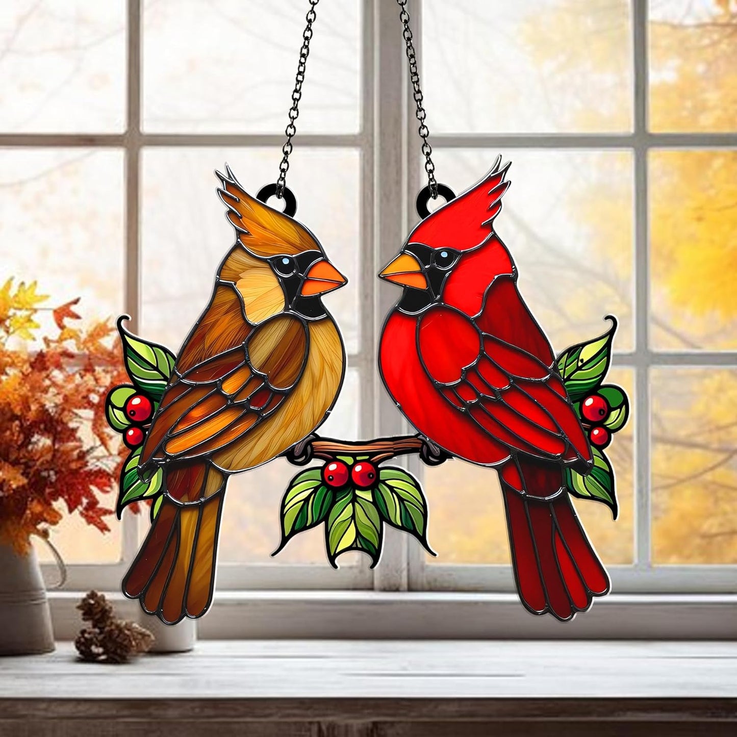 Cardinal Bird Suncatcher – Acrylic Window Hanging Ornament, Red & Brown Cardinal Couple, Memorial Bird Sun Catcher Gift for Mom, Nature Garden Window Decor (Sun-32)