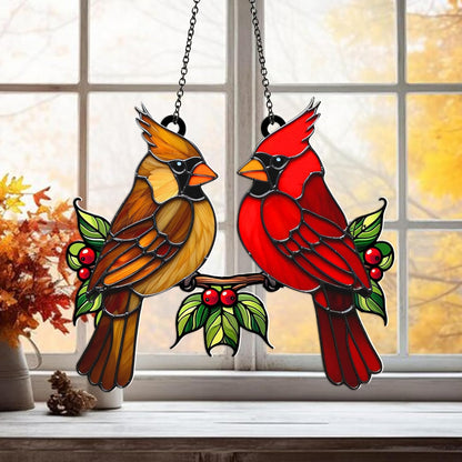 Cardinal Bird Suncatcher – Acrylic Window Hanging Ornament, Red & Brown Cardinal Couple, Memorial Bird Sun Catcher Gift for Mom, Nature Garden Window Decor (Sun-32)