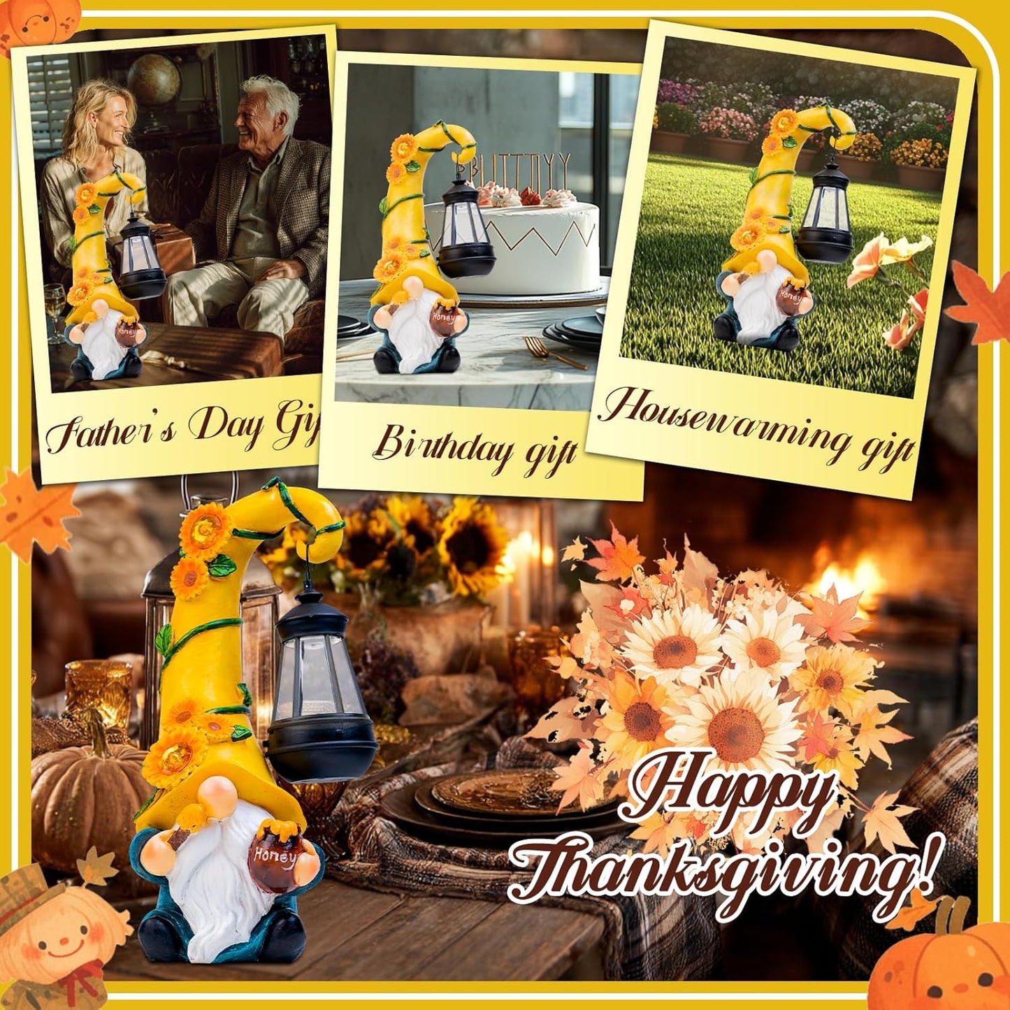 Thanksgiving Decorations for Home Porch 12" Solar Sunflower Gnome Garden Statues Honey Bee Jar Decor with LED Lantern Outdoor Gnomes Decorations Patio Yard Balcony Art Birthday Gifts for Mom Grandma