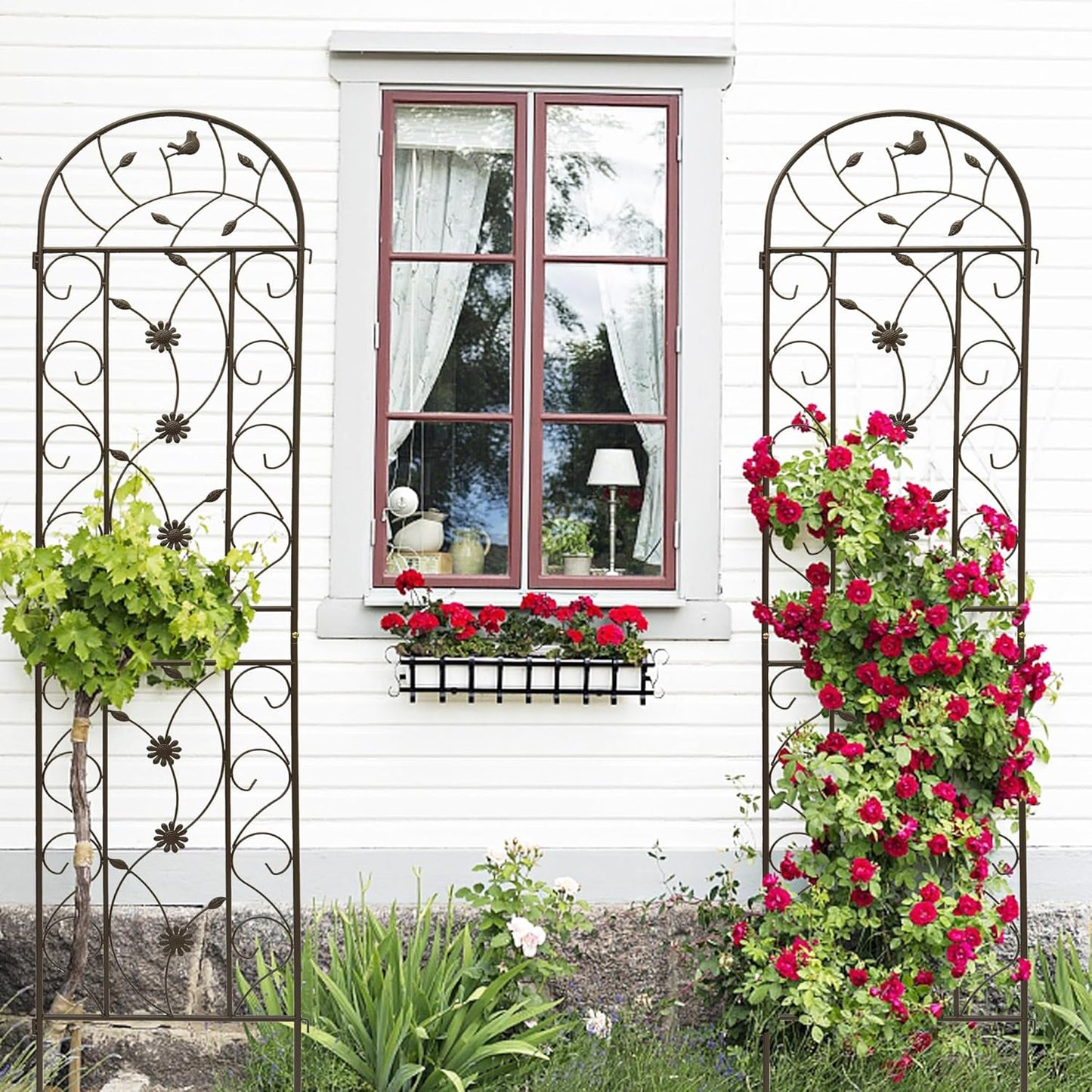 2 Pack Metal Garden Trellis 86.7" Tall Outdoor Climbing Plant Support for Roses, Flowers, Rustproof Durable Black Galvanized Tube, Lawn Garden Fence Decor Screen (2, Brown-86.7" H)