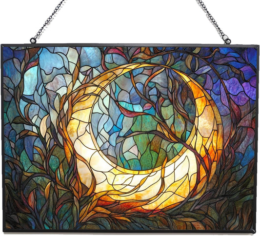Personalized Rectangle Art Nouveau Vine Moon Suncatcher Stained Glass Stained Glass Window Hanging