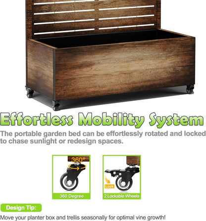 15.7"×70.9"×35.4" Metal Raised Garden Bed with Trellis and Wheels - Tall Trellis Planter Box for Climbing Plants, Vegetables & Vines - Outdoor Privacy Planters for Patio (Vintage Wood Grain)