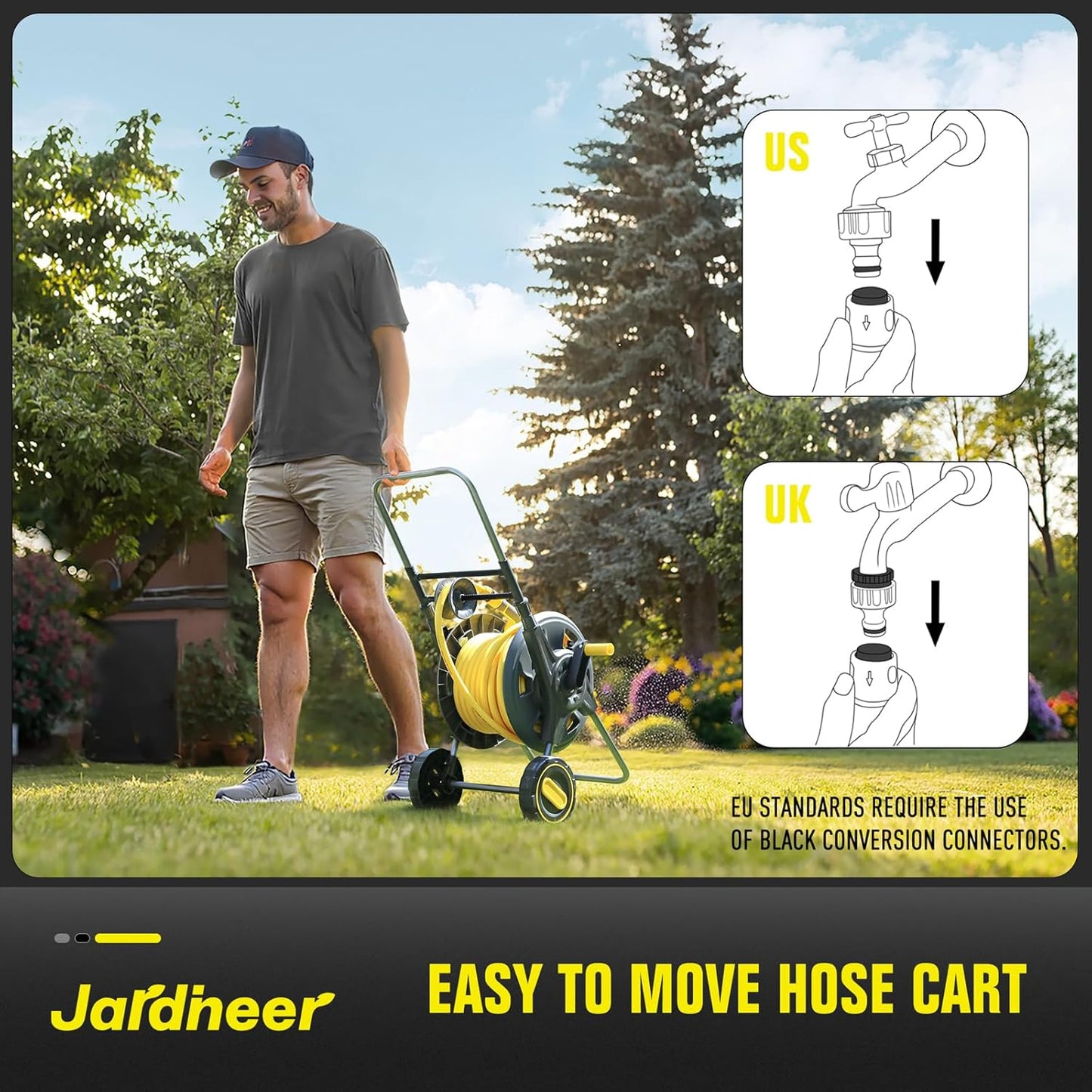 Jardineer Hose Reel Cart with Wheels, Include 100FT Water Hose and Sprayer Nozzle, Portable Garden Hose Set for Watering Flowers, Cleaning Floors, Washing Cars Outside