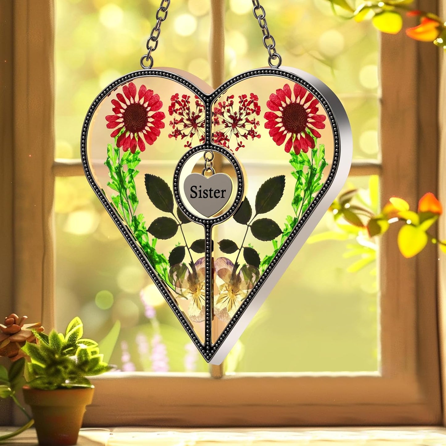 KY&BOSAM Heart Suncatcher for Windsows Hangings Sister Gifts Stained Glass Wind Chime with Pressed Real Flower in Glass with Metal Sister Heart Charm Birthday Gift for Women Mothers Day Christmas