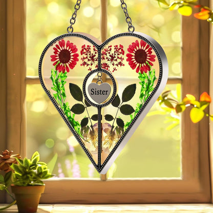 KY&BOSAM Heart Suncatcher for Windsows Hangings Sister Gifts Stained Glass Wind Chime with Pressed Real Flower in Glass with Metal Sister Heart Charm Birthday Gift for Women Mothers Day Christmas