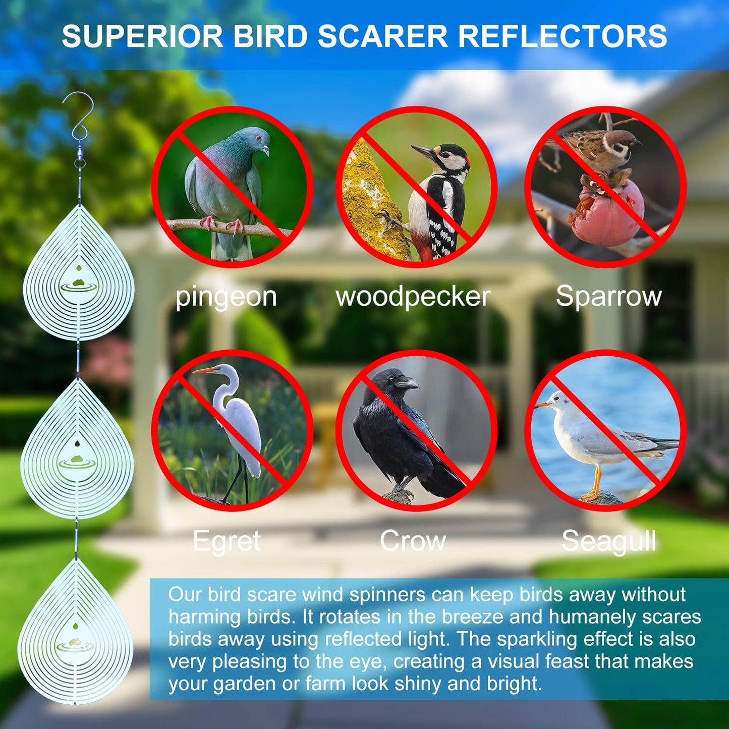 3D Water Drop Pendant Stainless Steel Wind Spinners, Bird Scare Discs with Metal Shiny Highly Reflective Double Sided 360°Rotating, Deterrents to Keep Scare Birds Away from Garden Patio Porches Yard