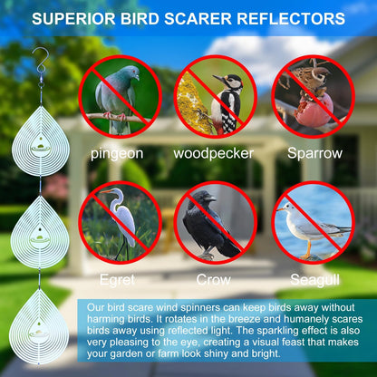 3D Water Drop Pendant Stainless Steel Wind Spinners, Bird Scare Discs with Metal Shiny Highly Reflective Double Sided 360°Rotating, Deterrents to Keep Scare Birds Away from Garden Patio Porches Yard