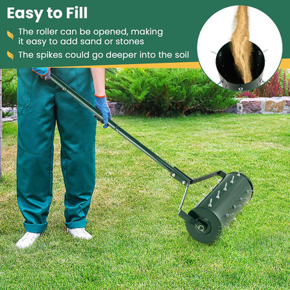 Goplus Rolling Lawn Aerator, 18-Inch Garden Yard Rotary Push Tine Filled Sand Stone, Heavy Duty Spike Soil Aeration w/Metal Handle, Fillable Drum 51" Manual Lawn Aeration Tool Garden Grass Patio Yard