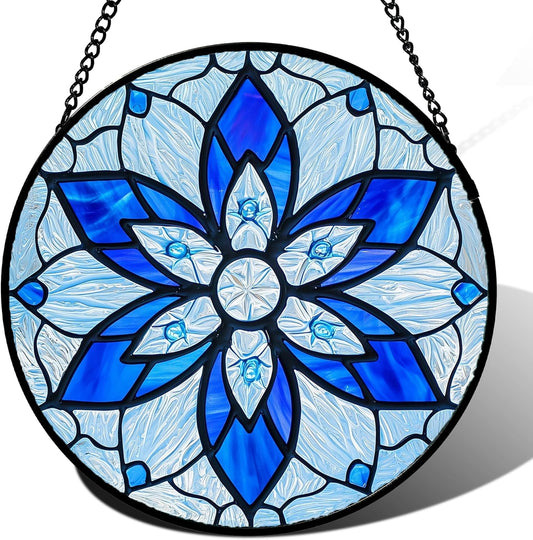 Stained Glass Window Hanging, Blue Tiffany Style Flowers Sun Catcher for Window Door Home Decor