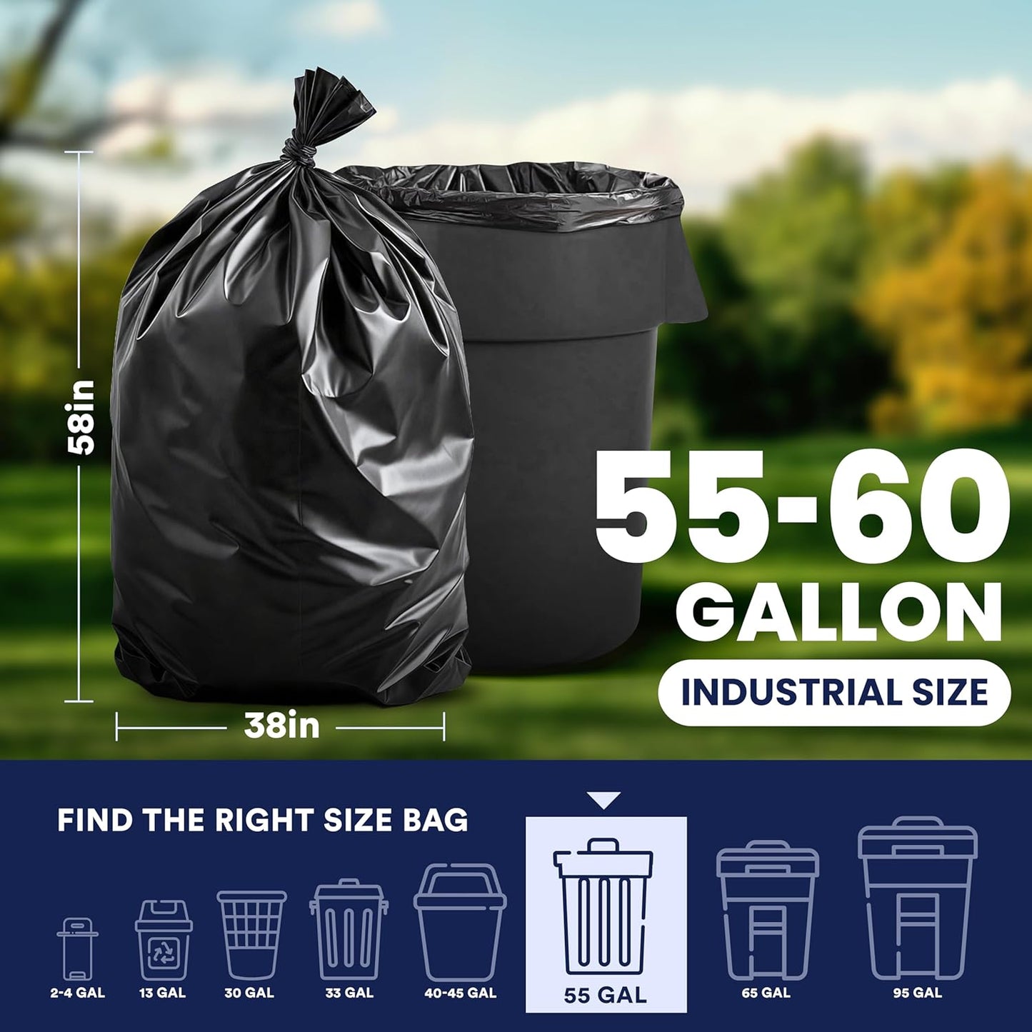 Plasticplace 55-60 Gallon Trash Bags │ 1.2 Mil │ Black Heavy Duty Garbage Can Liners │ 38” x 58” (50 Count)