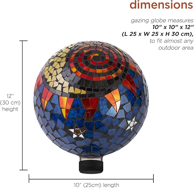 Alpine Corporation 10" Diameter Indoor/Outdoor Glass Mosaic Gazing Globe Yard Decoration, Mosaic Sun and Moon Design