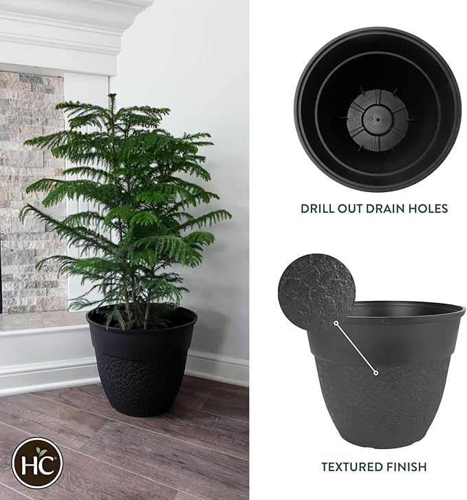 The HC Companies 16 Inch Brookhaven Decorative Round Planter - Lightweight Premium Resin Plant Pot with a Stonelike Texture for Indoor Outdoor Use, Black
