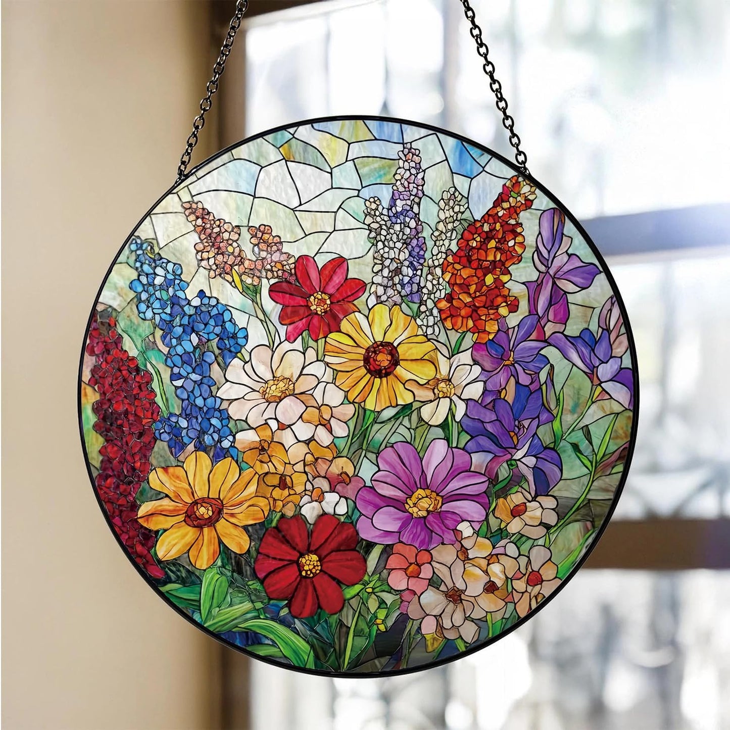Colorful Wildflowers Suncatcher -7.9 in Stained Glass Window Hanging Sun Catcher Garden Decor