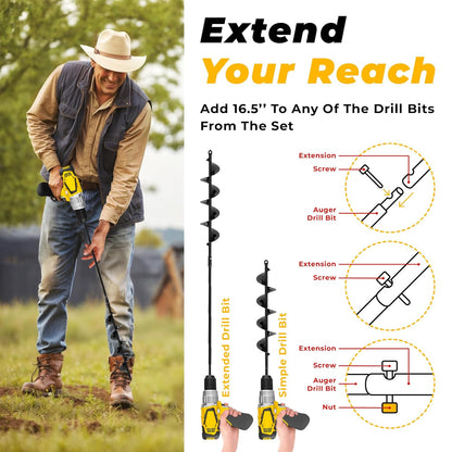 Auger Drill Bit for Planting 3 Pack with Extension - Spiral Hole Planter for Bulbs, Fence Posts, and Umbrella Holes - 3/8'' Hex Drive Drill- Gardening Hole Digger Yard Tools - Garden Drill Attachments