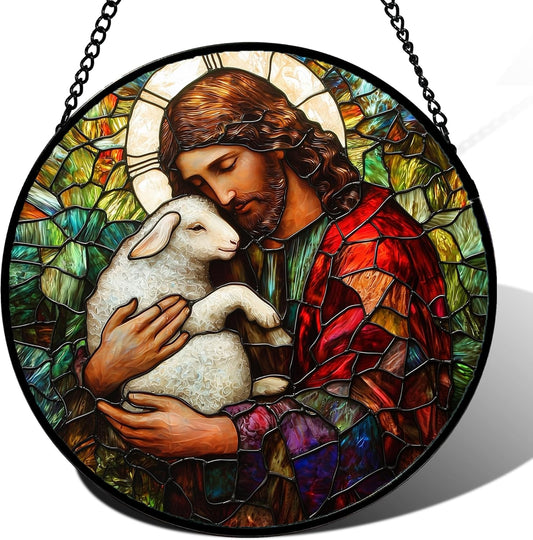 Stained Glass Window Hanging, Jesus Little Lamb Sun Catchers Colorful Glass Panel Christianity