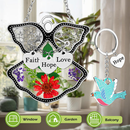 KY&BOSAM Angel Suncatcher Faith Hope Love Stained Glass for Windows Hangings Wind Chimes with Pressed Real Flowers and Heart Charm Engraved Birthday Gifts for Mom Mother`s Day Birthday
