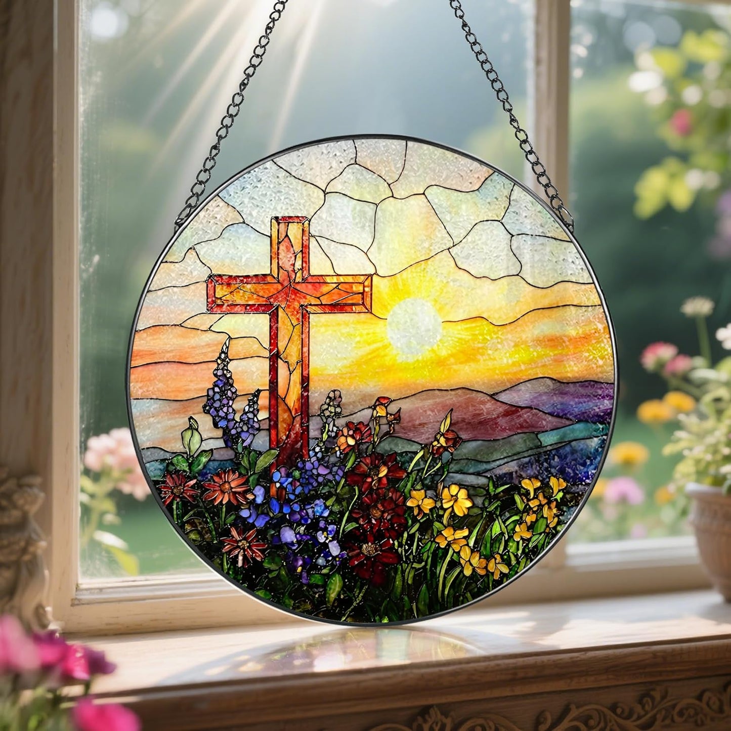 8 Inch Cross Sunset Suncatchers for Windows Hanging, Indoor Decor 8 Inch, Stained Glass Gift, Christian Gifts, Religious Gifts, Christian Cross, Christmas Jesus Gift, Window Decor