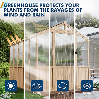 Restland 6x8 FT Wood Greenhouse with Shelves Reinforced Frame Walk-in Greenhouses with Adjustable Roof Vents & Lockable Door Polycarbonate Green House for Outside