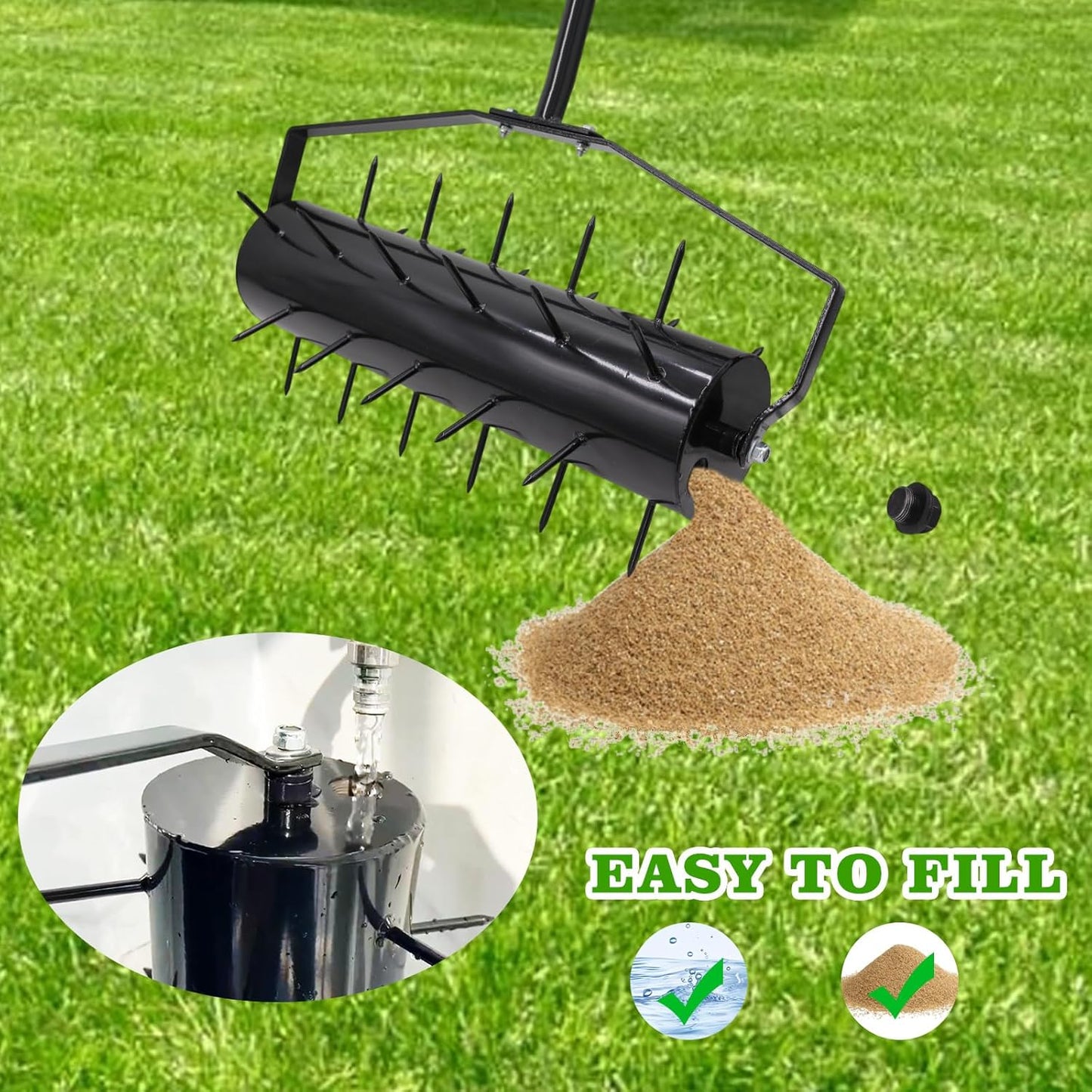 Upgraded 18-inch Heavy Duty Rolling Lawn Aerator | Weight-Adjustable Drum (Add Water/Sand) | 50" Quick-Clip Handle & 5-Minute Setup | Manual Lawn Tool for Garden Yard