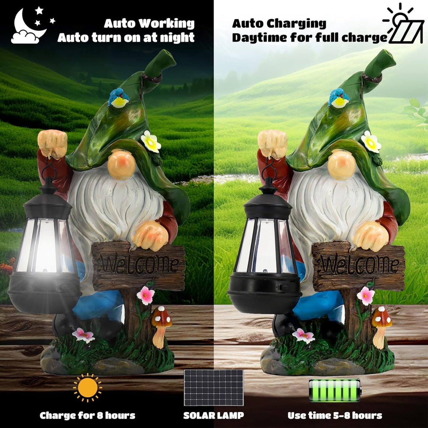 Garden Gnome Statue, Resin Figurine with Bright Solar Lantern Lights and Welcome Sign, Outdoor Solar Illumination Decorations for Indoor Patio Lawn Garden Room,Birthday Housewarming Gift