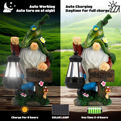 Garden Gnome Statue, Resin Figurine with Bright Solar Lantern Lights and Welcome Sign, Outdoor Solar Illumination Decorations for Indoor Patio Lawn Garden Room,Birthday Housewarming Gift
