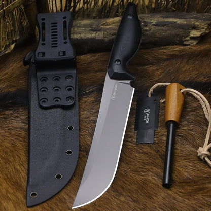 BA-KOR 5MM (9CR18MOV) steel 12.8'' full tang camping knife +K sheathing &5.9" cerium igniter can be used outdoors for outdoor hunting, camping, obstacle clearing, wood chopping, BBQ, fishing, kitchen cutting, EDC tools, gifts