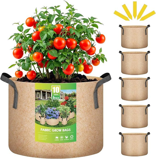 iPower 5 Pack 10 Gallon Grow Bags Heavy Duty 300G Thickened Nonwoven Fabric Plant Pots with 5 Labels & Handles for Outdoor Garden, Aeration Planter Bags for Fruits, Vegetables, Tomato & Flowers, Tan