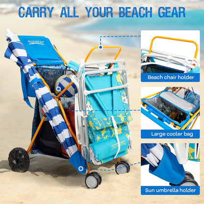 Old Bahama Bay Beach Cart with Large Wheels for Sand, Wide Wheelbase Beach Wagon with Insulated Cooler Bag, Body Board and Umbrella Holder | 100lb Capacity