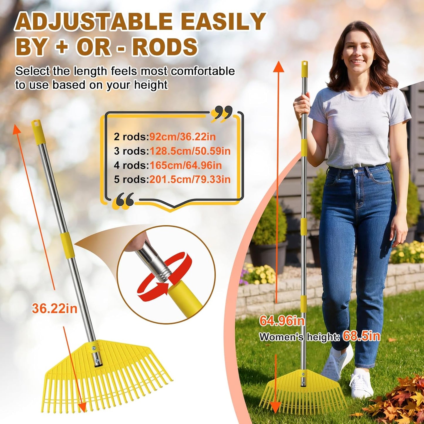 Garden Rake for Leaves - Extra Wide 18" Leaf Rake,Lightweight Long Handle for Women Seniors Kids Effortless Clean-Up,23 Non-Clog Flexible Tines for Lawn-Friendly,80” Adjustable Plastic Rakes for Yard