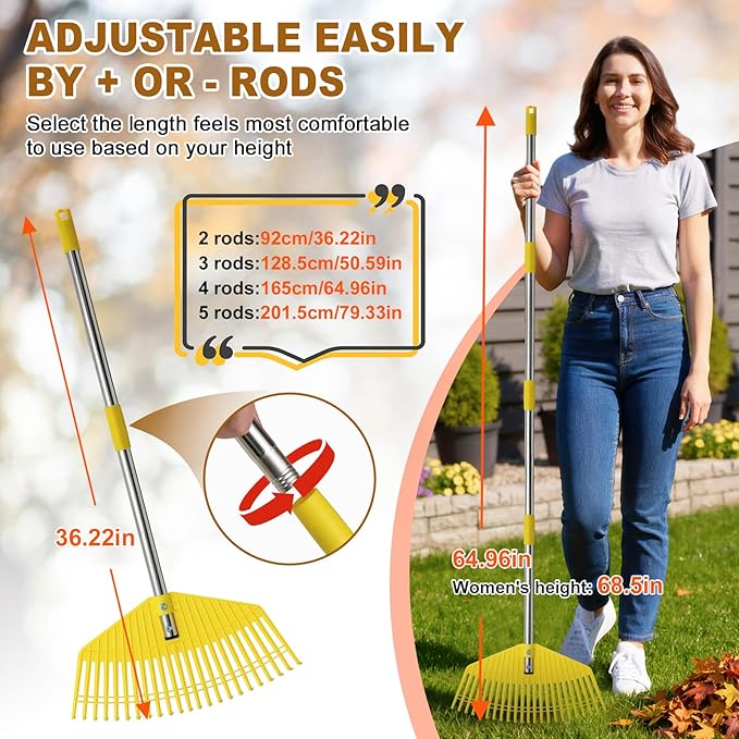 Garden Rake for Leaves - Extra Wide 18" Leaf Rake,Lightweight Long Handle for Women Seniors Kids Effortless Clean-Up,23 Non-Clog Flexible Tines for Lawn-Friendly,51” Adjustable Plastic Rakes for Yard