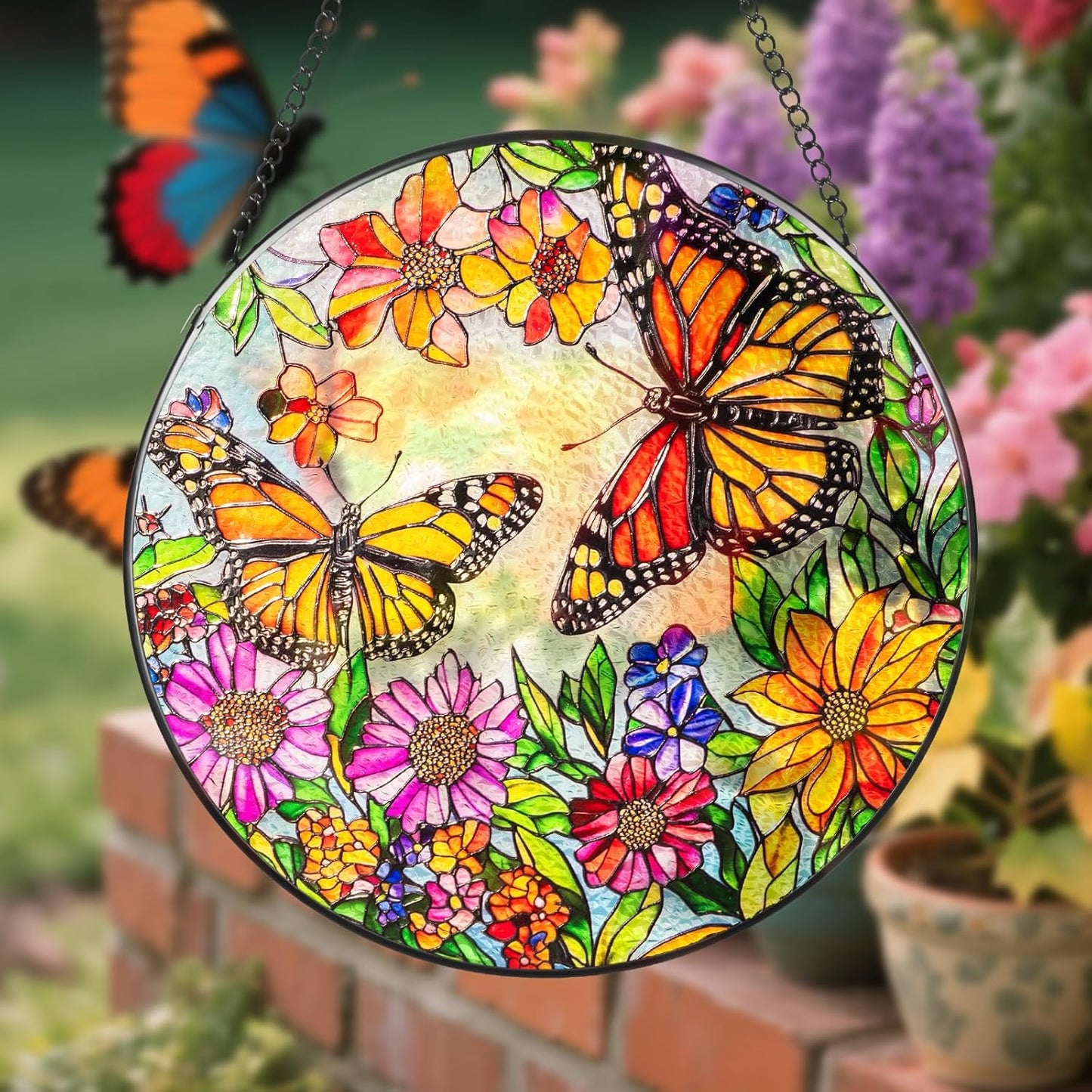 Suncatcher Stained Glass Window Hanging - Butterfly Glass Panel with Metal Chain and Hooks Handmade Sun Catcher Decoration for Window Garden Home Christmas & Birthday Gifts (8 Inch)
