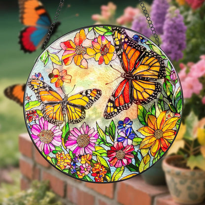 Suncatcher Stained Glass Window Hanging - Butterfly Glass Panel with Metal Chain and Hooks Handmade Sun Catcher Decoration for Window Garden Home Christmas & Birthday Gifts (8 Inch)