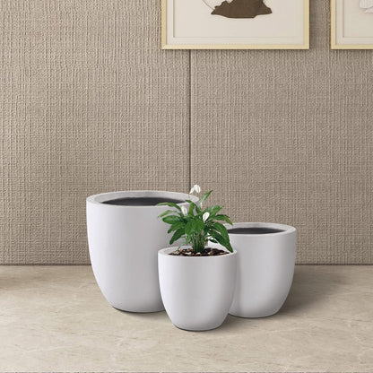Kante 20",16.5",13.4" Dia Round Concrete Planters (Set of 3), Outdoor Indoor Modern Decorative Plant Pots with Drainage Hole & Rubber Plug for Home & Garden, Pure White