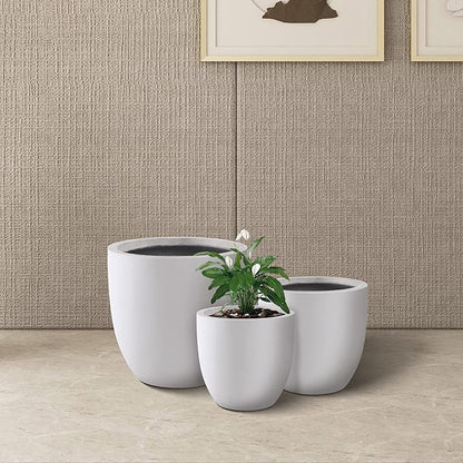 Kante 18",14",10" Dia Concrete Round Planters (Set of 3), Outdoor Indoor Large Planter Pots with Drainage Hole and Rubber Plug for Home Patio Garden, Pure White