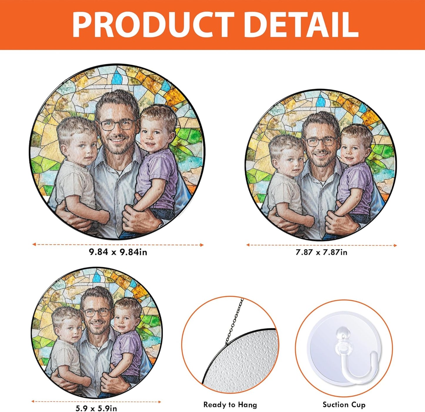 LOVELYPOD Personalized Dad Stained Glass Sun Catcher, Photo Family Portrait Faux Window Hanging Ornament, Custom Photo Gift for Dad from Son Daughter, Grandpa Gifts