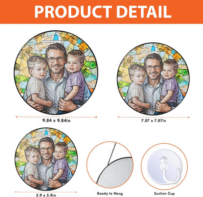 LOVELYPOD Personalized Dad Stained Glass Sun Catcher, Photo Family Portrait Faux Window Hanging Ornament, Custom Photo Gift for Dad from Son Daughter, Grandpa Gifts