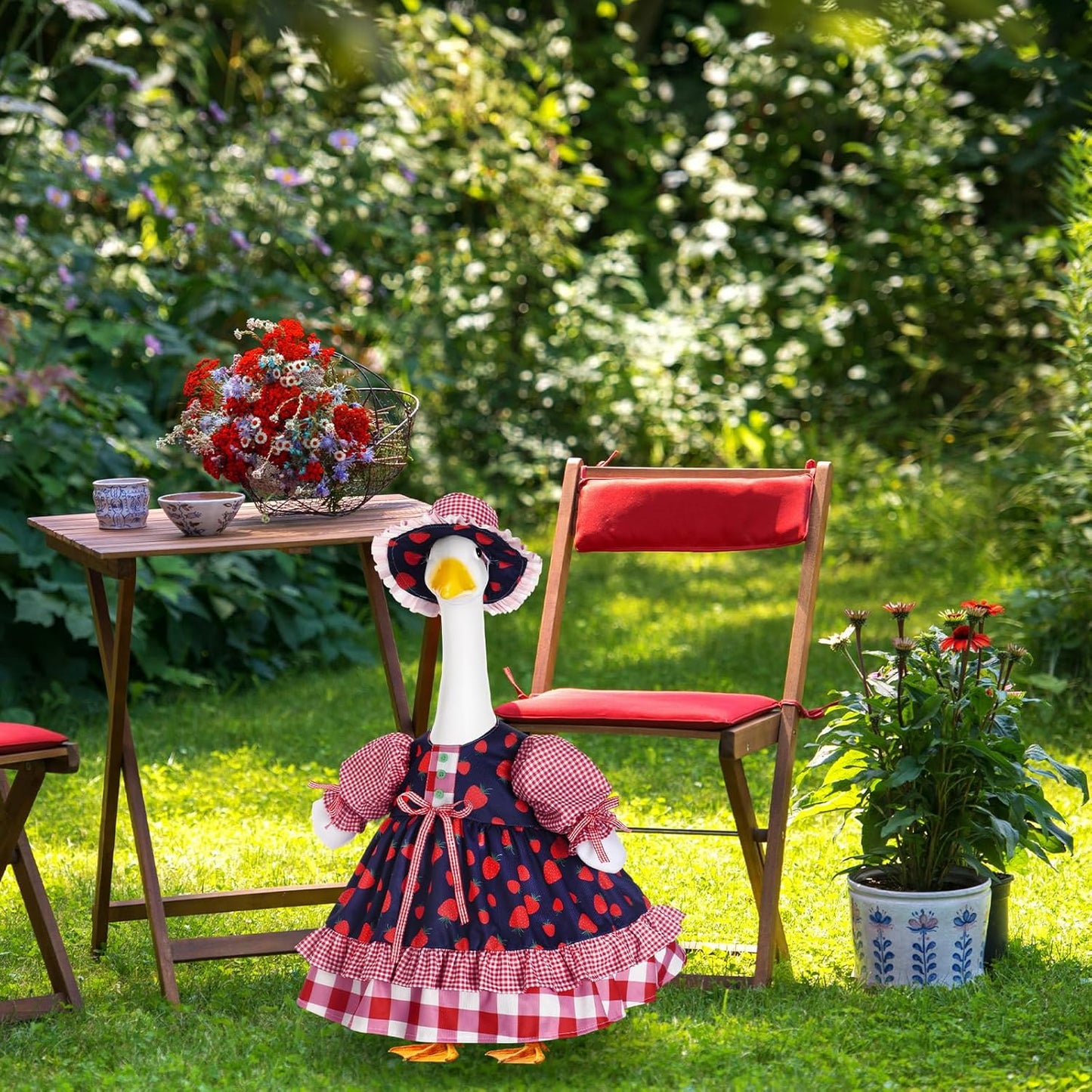 Lolita Goose Outfit Set for 23'' H Plastic Porch Cement Statue Cute Lolita Skirt Fall Spring Summer Goose Costume for Indoor Outdoor Yard Lawn Patio Art Decor(Strawberry)