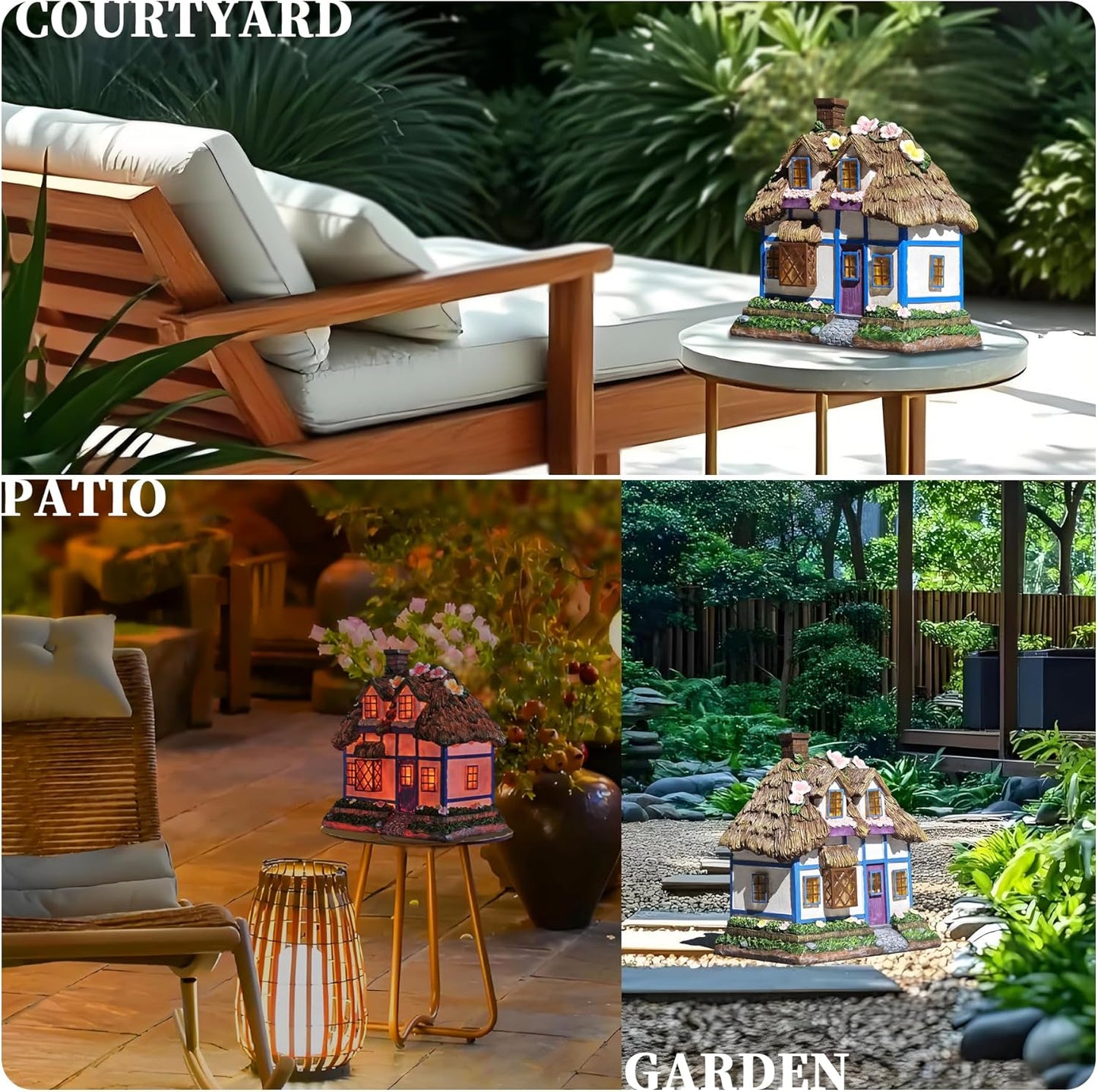 Resin Rustic Fairy Cottage Statues - M-Shaped Thatched Roof Garden Outdoor Decor with Solar Lights, Birthday Gifts for Women Mom Yard Decorations, Gardening Gifts for Patio, Balcony, Porch