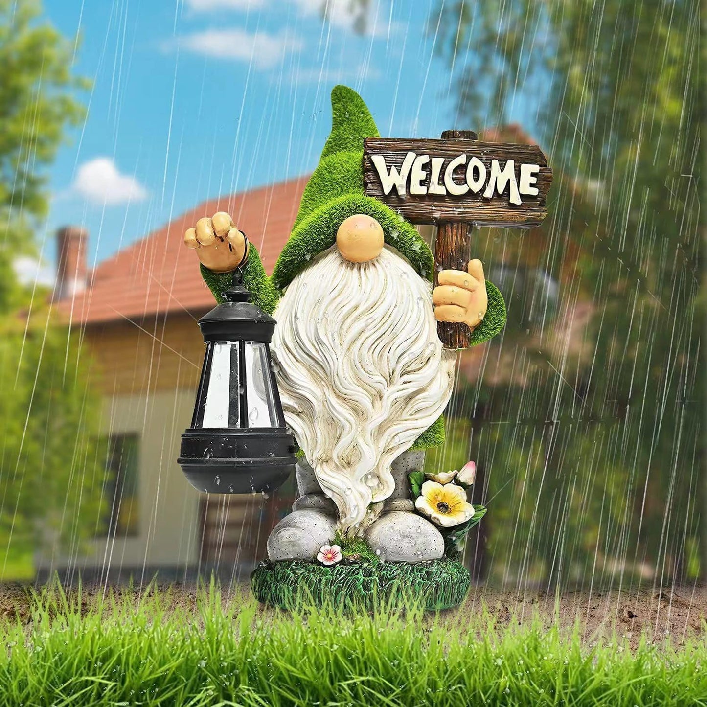 Garden Gnome Statue Outdoor Decor Large Flocked Resin Gnome Figurine with Solar Light Holding Lantern Welcome Sign Garden Yard Decorations Dwarf Sculpture for Outside Patio Porch Lawn Decor.