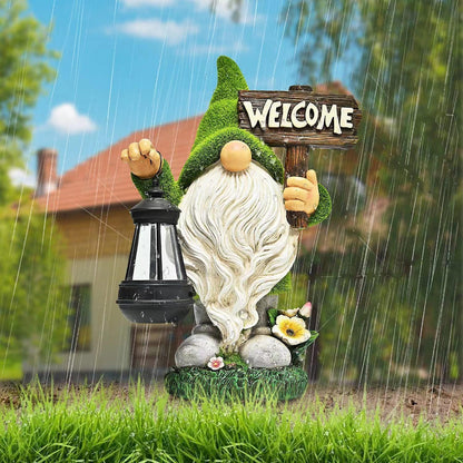 Garden Gnome Statue Outdoor Decor Large Flocked Resin Gnome Figurine with Solar Light Holding Lantern Welcome Sign Garden Yard Decorations Dwarf Sculpture for Outside Patio Porch Lawn Decor.