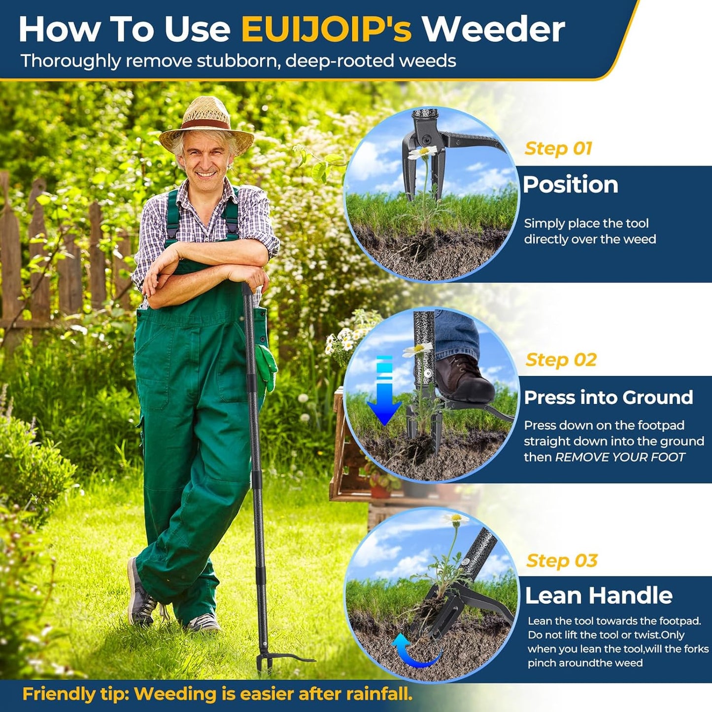 Weed Puller Tool, 60" Stand Up Manual Weeder - Unbreakable Aluminum Claw + Heavy-Duty Stainless Steel Rod, No-Bend Lawn Grass Grabber for Garden, Yard, Root Removal