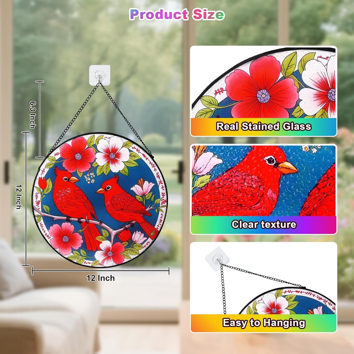 Stained Glass Window Hanging - Cardinal Stained Glass Suncatcher, Cardinal Gifts for Women-Red Bird Sun Catcher for Indoor Window Decor (12Inch)