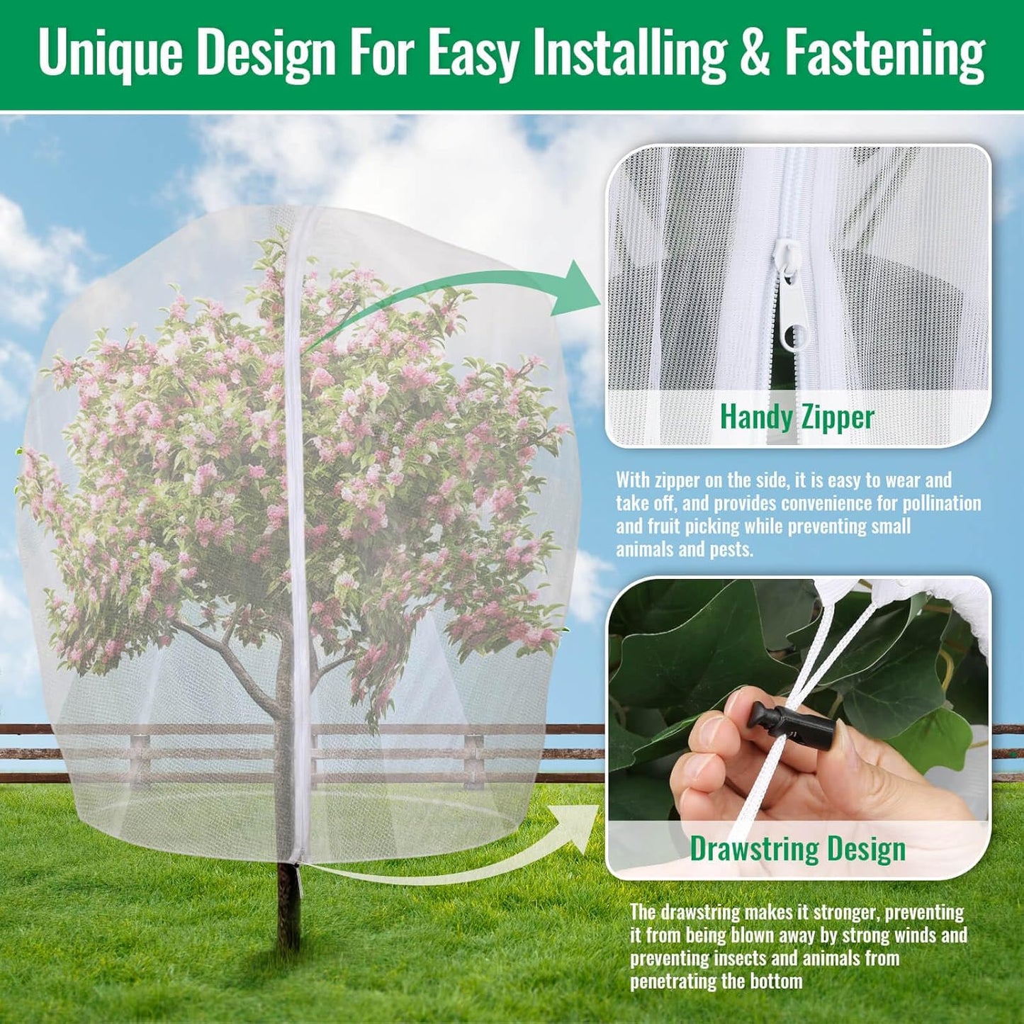 Mckanti 8.2 x 6.6 ft Fruit Tree Netting with Zipper and Drawstring for Garden, Bird Netting Covers for for Fruit Trees to Prevent Squirrels, Birds ﻿