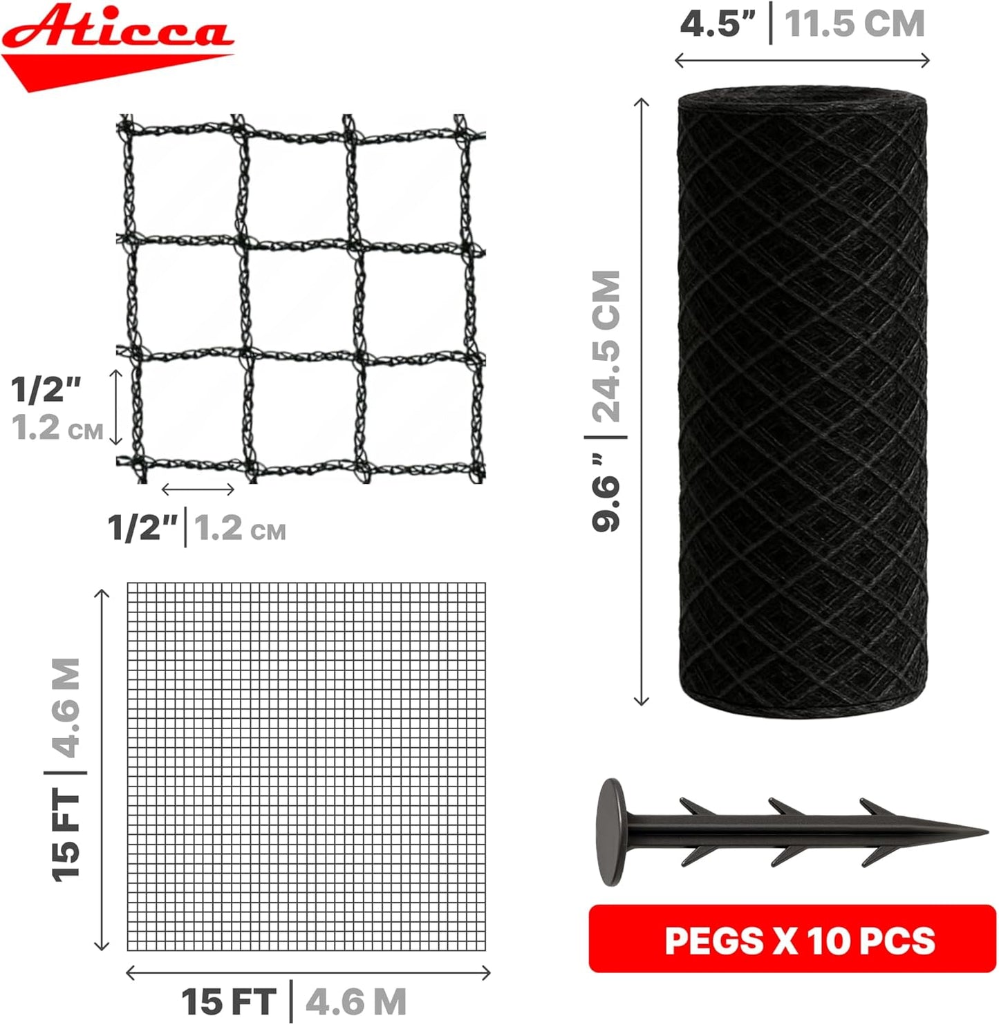 Heavy Duty Bird Netting for Garden Protection & Fruit Trees, 15x15 Ft with 10 Stakes – Black Anti-Bird Net for Poultry, Deer, & Squirrel Protection, Durable Nylon Mesh for Garden and Yard Use
