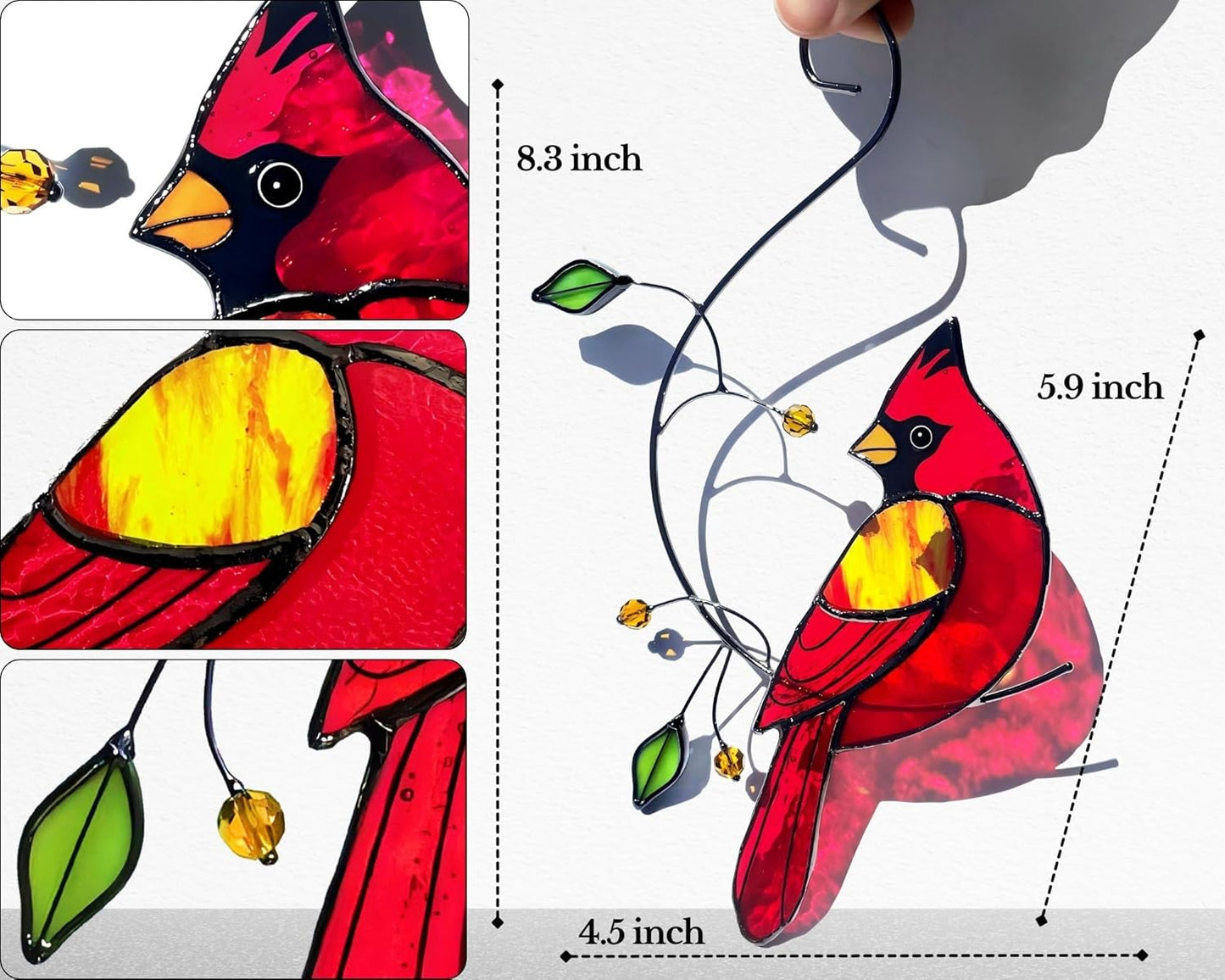 Red Cardinal Stained Glass Bird Suncatcher for Mom, Grandma, Women - Real Glass Window Hanging Ornament - Handmade Bird Lover Home Decor (Gifts Ready Packaging)