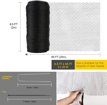 Bird Netting for Garden - 7.5 x 65 FT Heavy Duty Anti Bird Netting Mesh with Ties and Landscape Staples for Vegetable, Fruit Trees & Other Plants, Lasting Against Birds Deer Squirrels and Poultry
